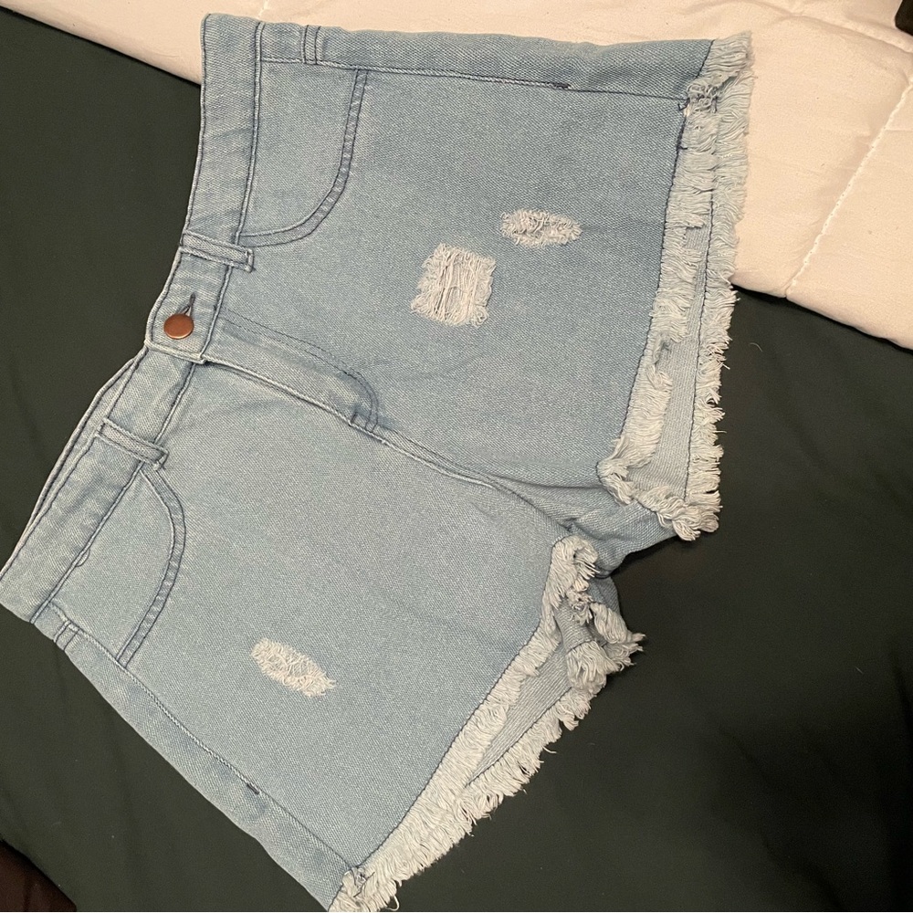 Blue High-Waisted Jean Shorts with Frayed Hem